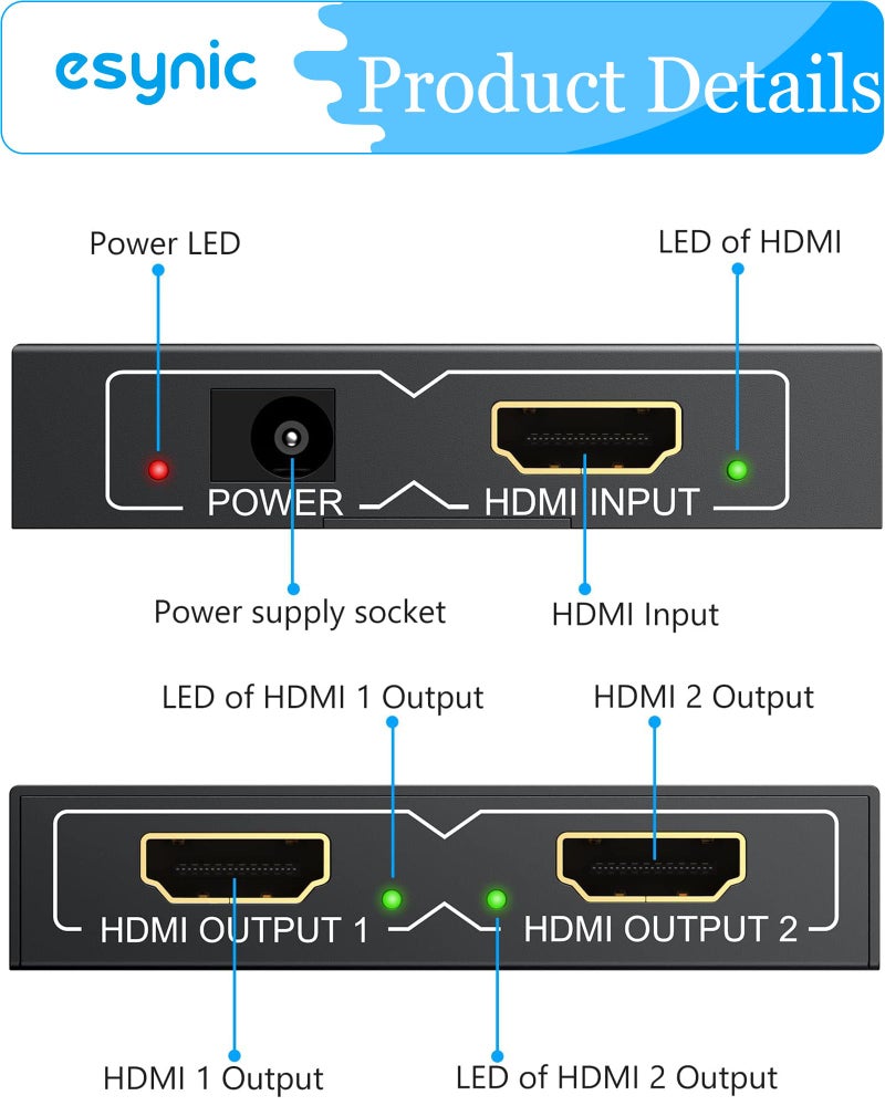 eSynic Portable 4K/30HZ HDMI Splitter Plug&Play 2 Way HDMI Splitter 1 in 2 Out [Only Mirror No Extend Mode] Support HDMI 1.4 Version With Metal Shell for HDTV PS4 Blu-ray Player Laptop Gaming Consoles - Image 2